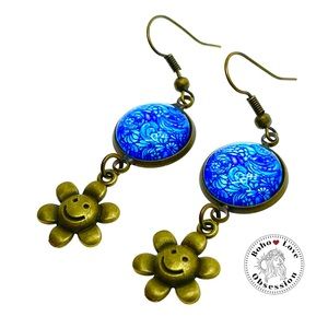 Blue Happy Face Earrings, Drop Dangle Bronze Boho Hippie Flower Power Accessory